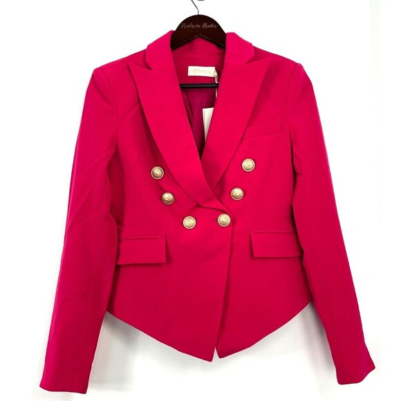 New Choosy Betsy Blazer Women Sz 2 Magenta Double Breasted Gold Accent Fitted R4 - Picture 4 of 12